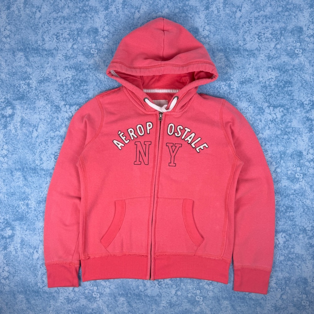 Aeropostale NY Embroidered Full Zip Hoodie Sweatshirt Pink NY Logo Sz Women's L